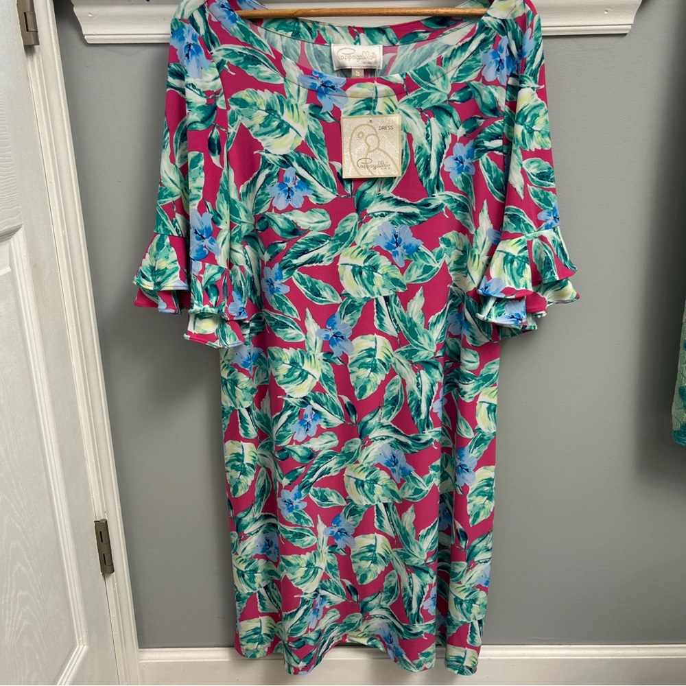 NWT Pappagallo Tropical Stretch Knit Dress Size 1X Pink Green Ruffle Sleeve